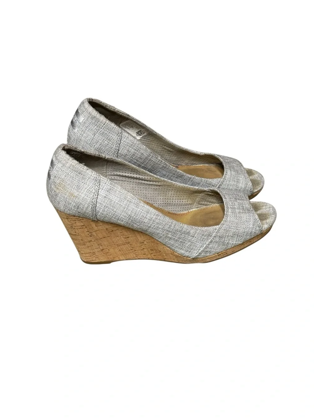 TOMS Women's Shoes Gray Fabric Stella Peep-Toe Wedges Size 9.5